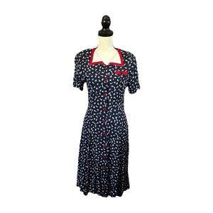 VTG 90s Carole Little Petite Navy White Novelty Print Midi Dress Retro Size 12